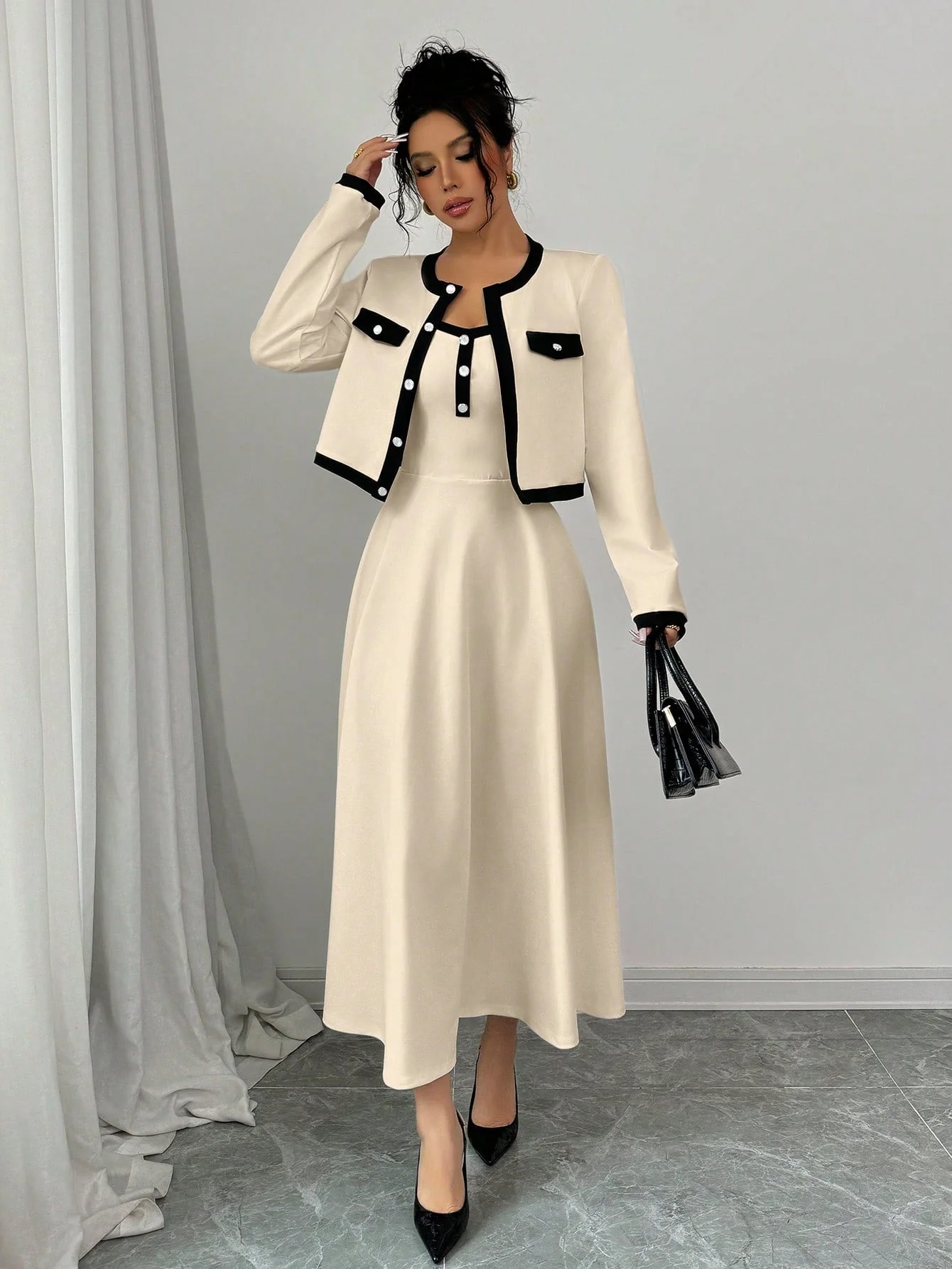 Elegant 2 Piece Set For Women With Contrast Color Blocking & Button-Up Design