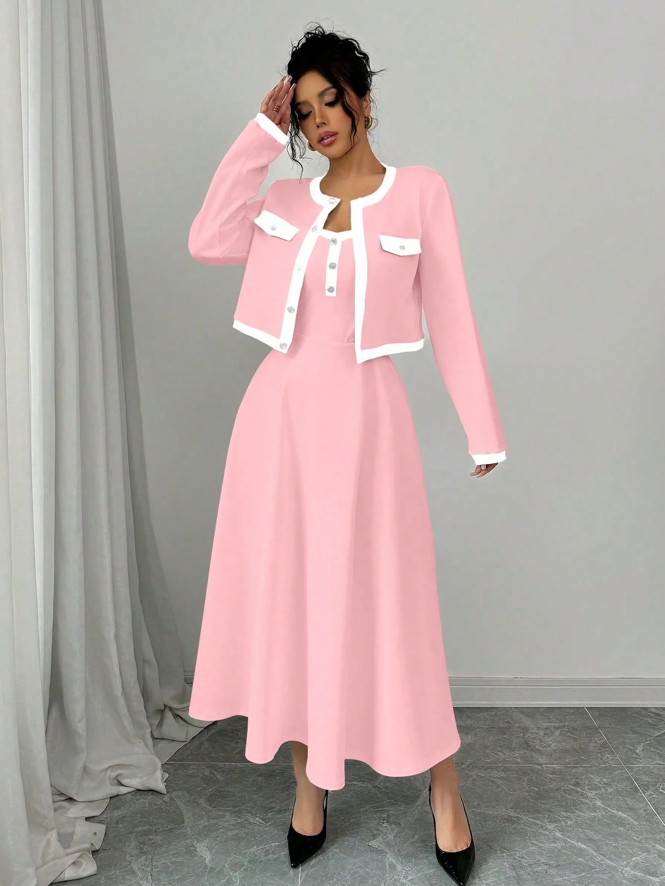 Elegant 2 Piece Set For Women With Contrast Color Blocking & Button-Up Design - Image 3