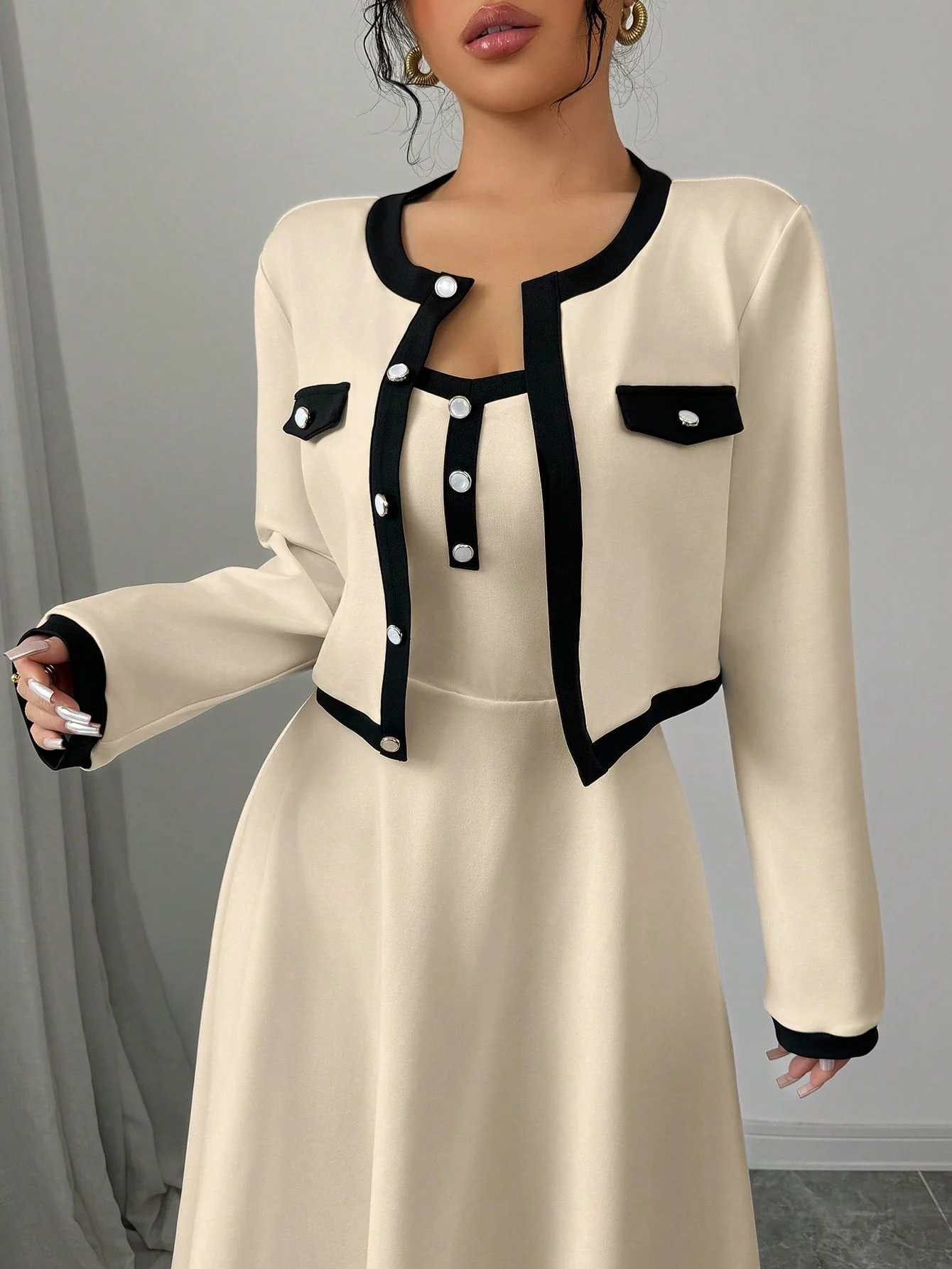 Elegant 2 Piece Set For Women With Contrast Color Blocking & Button-Up Design - Image 6