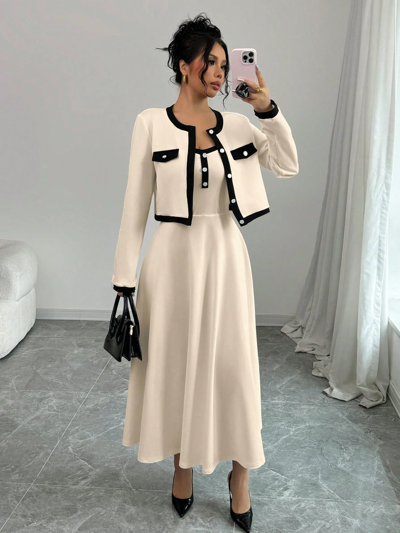 Elegant 2 Piece Set For Women With Contrast Color Blocking & Button-Up Design - Image 8