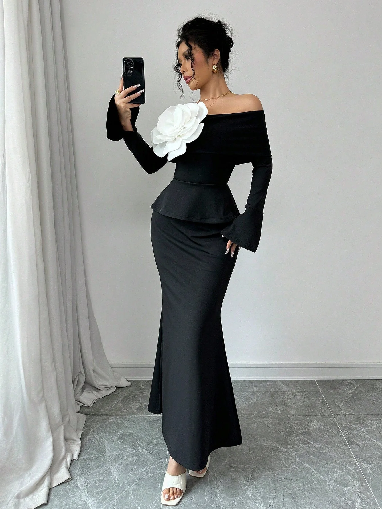 Elegant 2pcs/Set Women Casual Off Shoulder Floral Flared Sleeve Top And Long A-Line Skirt - Image 5