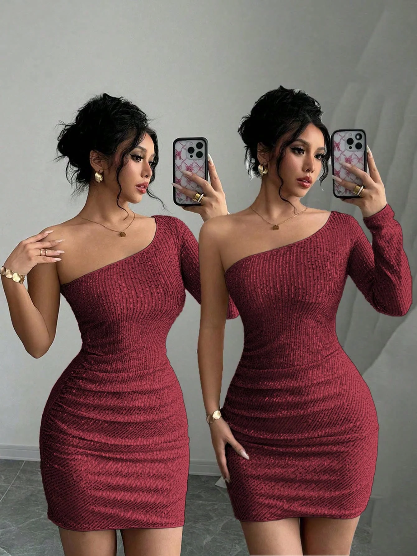Elegant And Charming Asymmetrical Shoulder Sparkling Bodycon Dress For New Year Holiday Party Clothes Sequin Women Outfit - Image 11