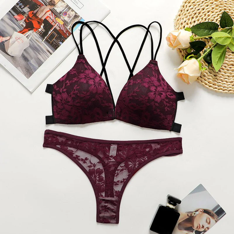 Elegant Backless | Lace Front Buckle Triangle Cup Bra Set