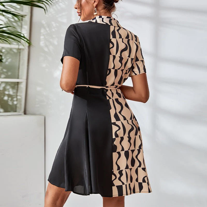 Elegant contrasting color short-sleeved dress slim-fitting waist rope cardigan A-word dress - Image 2