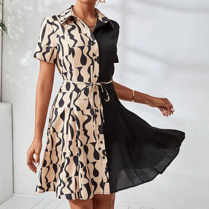 Elegant contrasting color short-sleeved dress slim-fitting waist rope cardigan A-word dress - Image 4