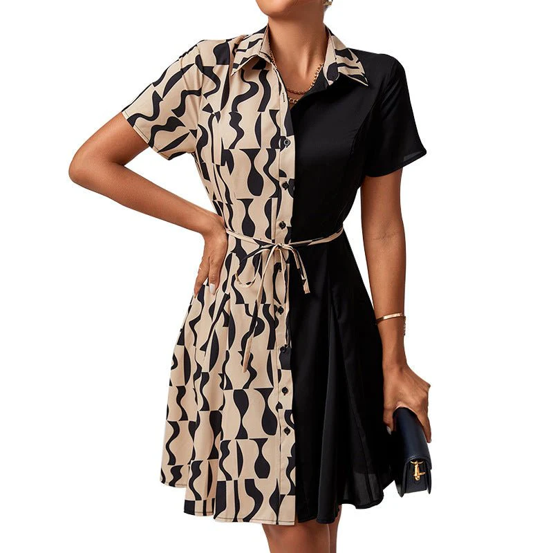 Elegant contrasting color short-sleeved dress slim-fitting waist rope cardigan A-word dress - Image 5