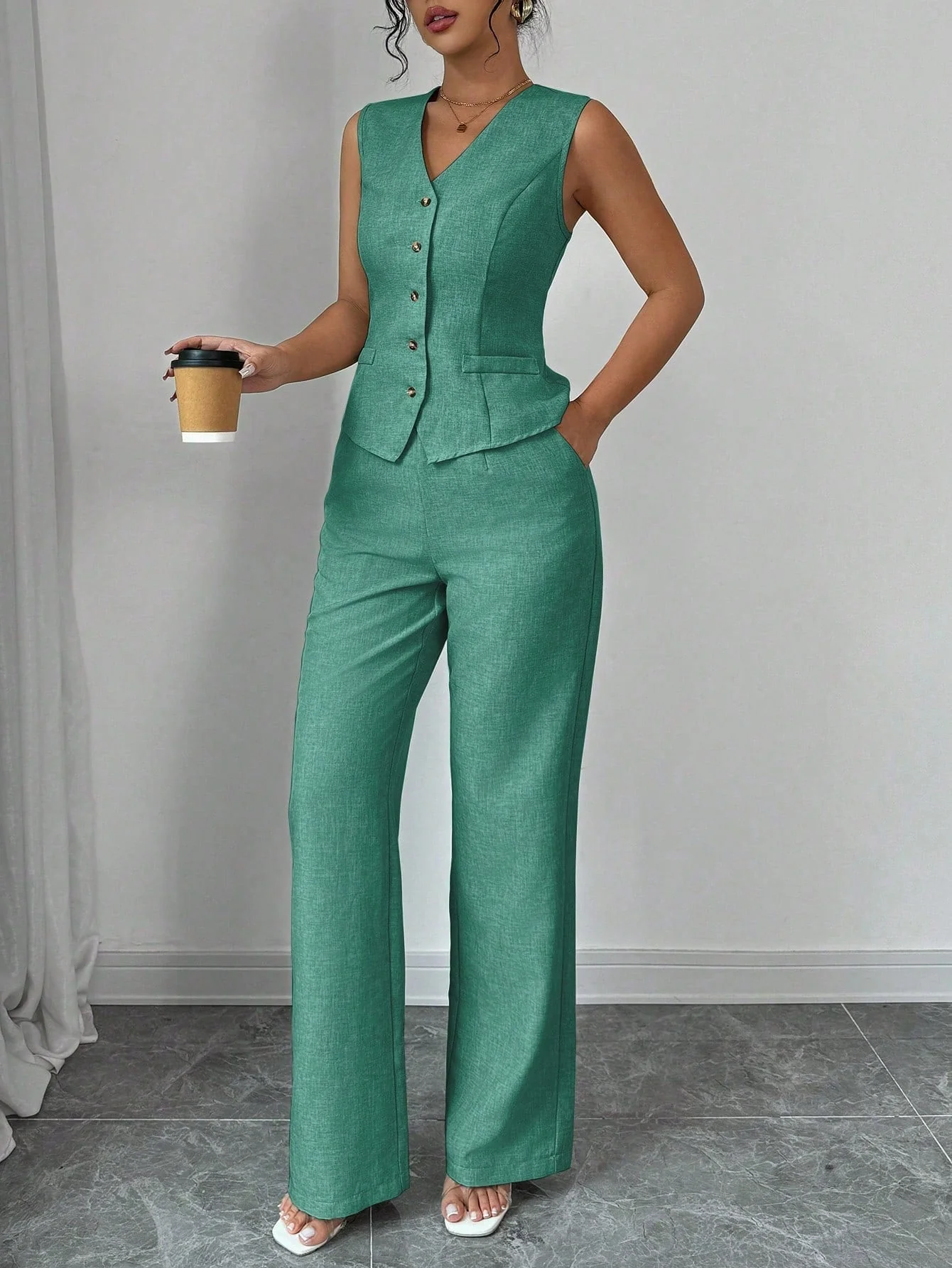 Elegant Fashionable Commuter Casual Sleeveless V-Neck Elastic Waist Back Tie Vest And Straight Leg Pants Suit Set