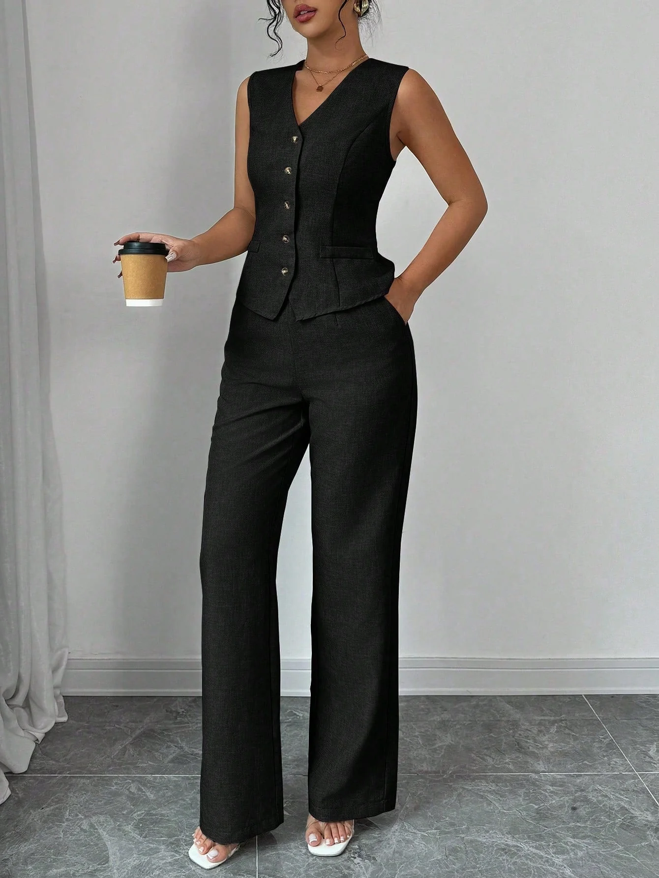Elegant Fashionable Commuter Casual Sleeveless V-Neck Elastic Waist Back Tie Vest And Straight Leg Pants Suit Set - Image 10