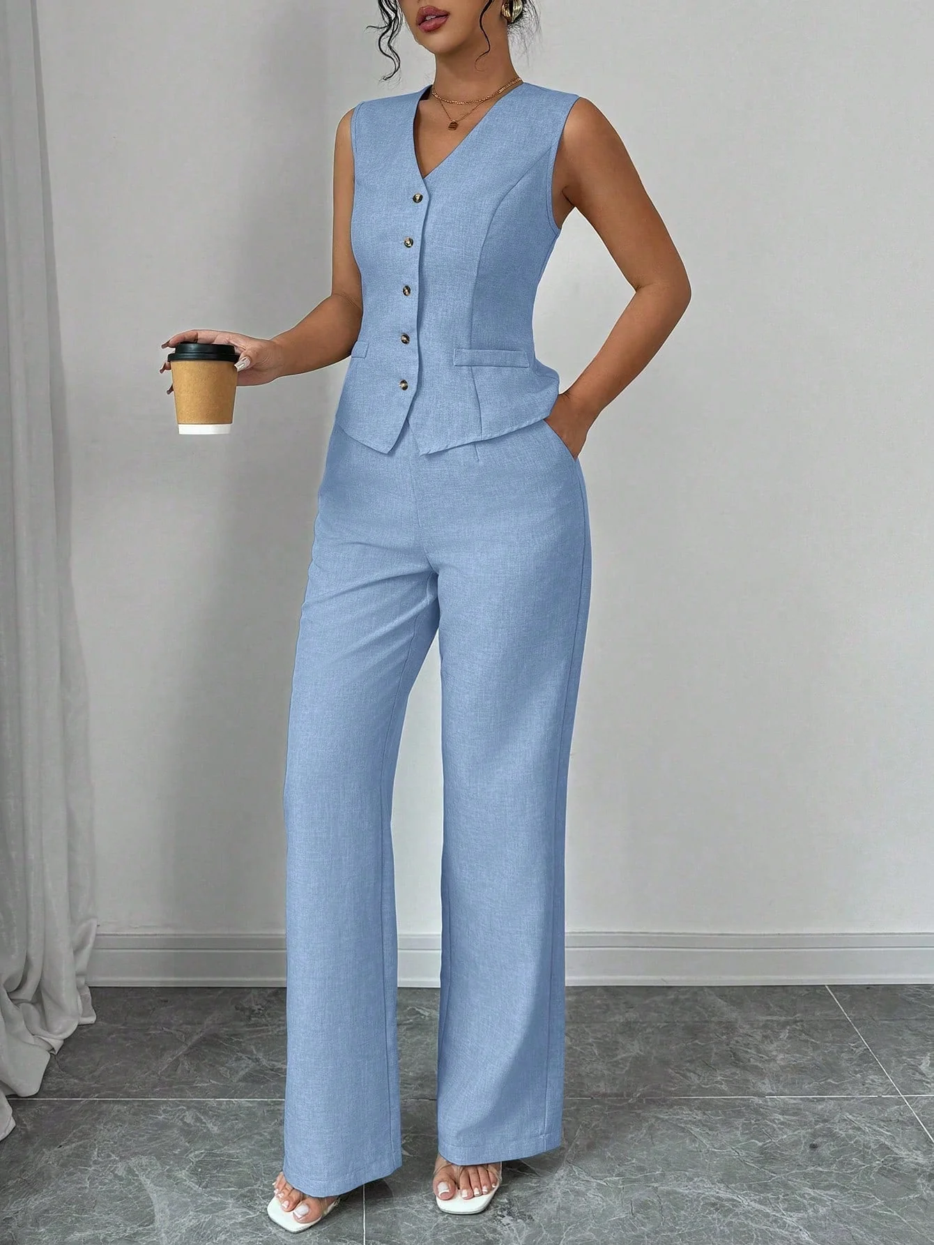 Elegant Fashionable Commuter Casual Sleeveless V-Neck Elastic Waist Back Tie Vest And Straight Leg Pants Suit Set - Image 11