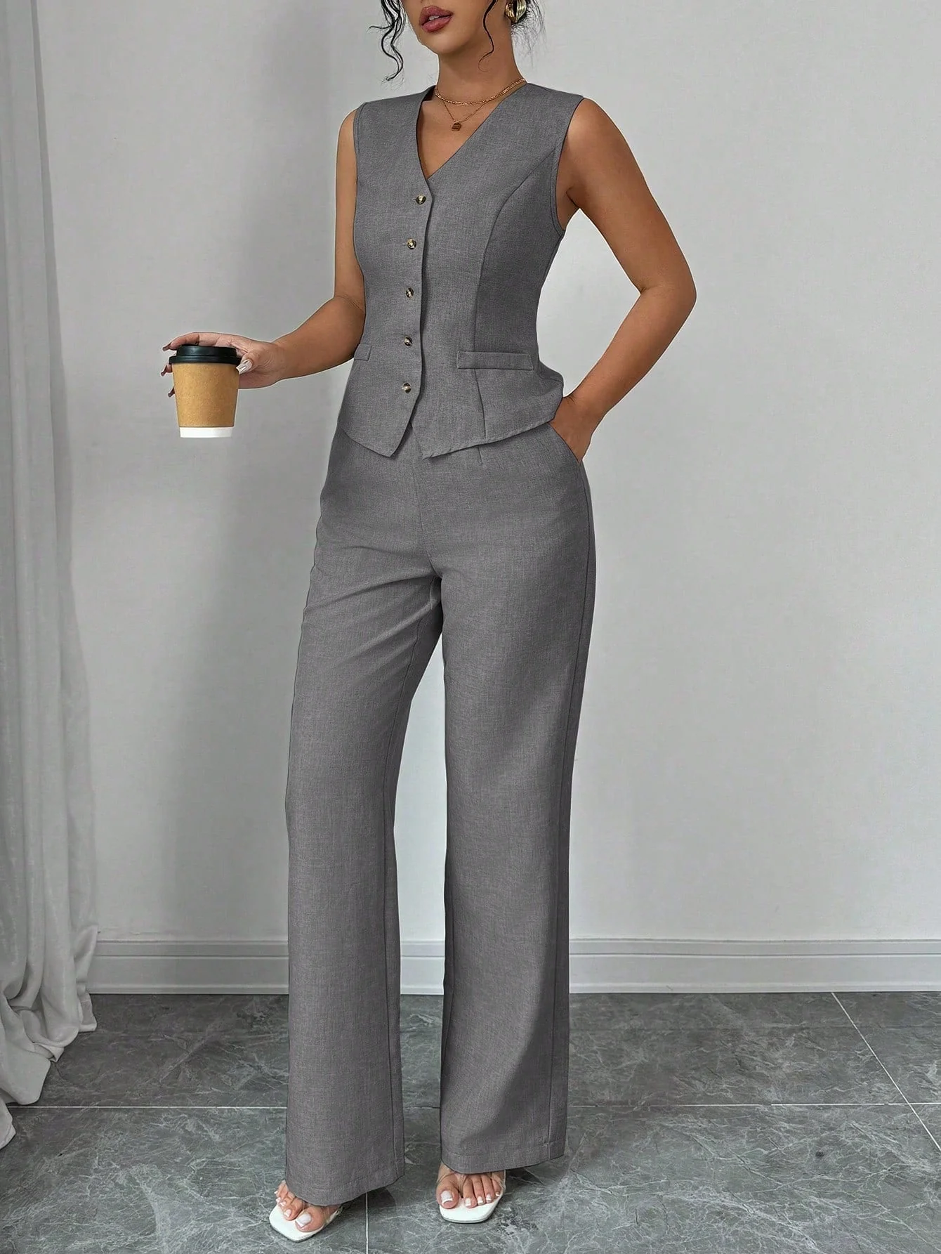 Elegant Fashionable Commuter Casual Sleeveless V-Neck Elastic Waist Back Tie Vest And Straight Leg Pants Suit Set - Image 12