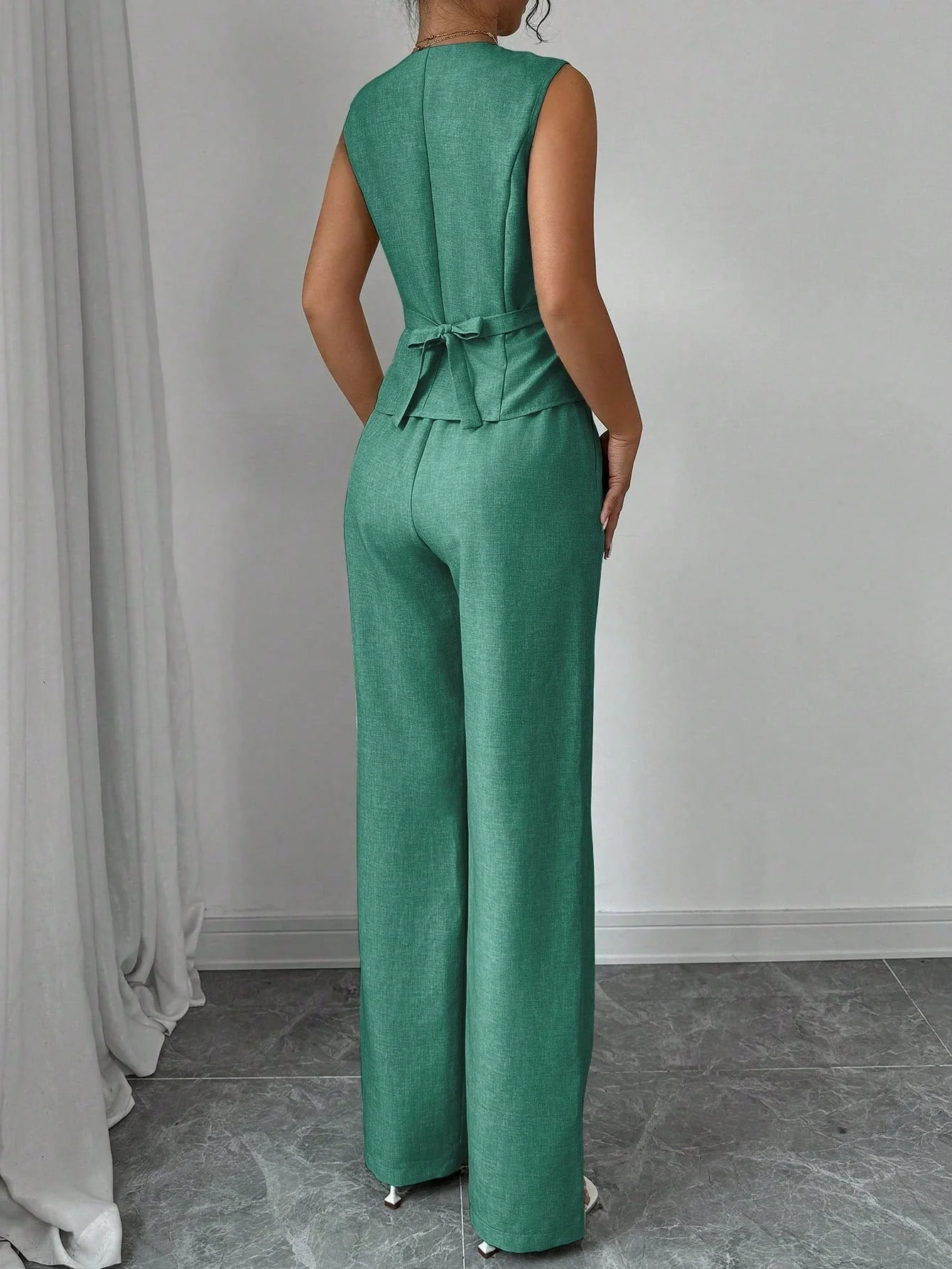 Elegant Fashionable Commuter Casual Sleeveless V-Neck Elastic Waist Back Tie Vest And Straight Leg Pants Suit Set - Image 5