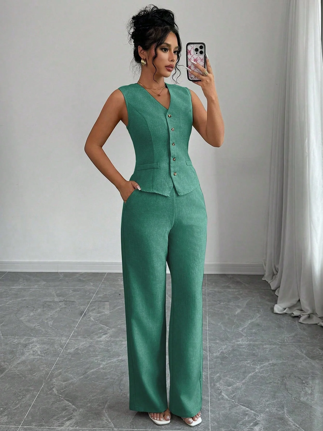 Elegant Fashionable Commuter Casual Sleeveless V-Neck Elastic Waist Back Tie Vest And Straight Leg Pants Suit Set - Image 6