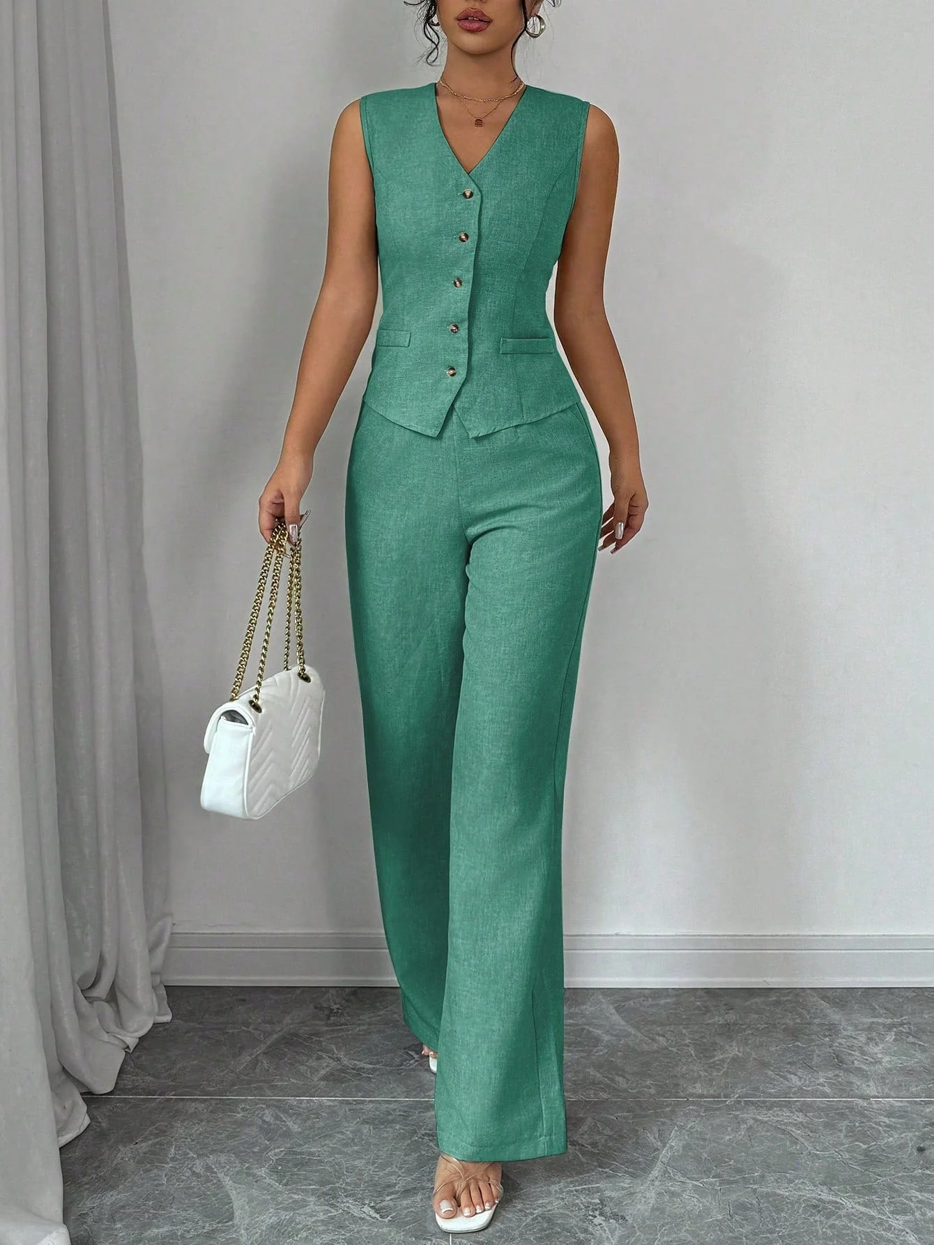 Elegant Fashionable Commuter Casual Sleeveless V-Neck Elastic Waist Back Tie Vest And Straight Leg Pants Suit Set - Image 7