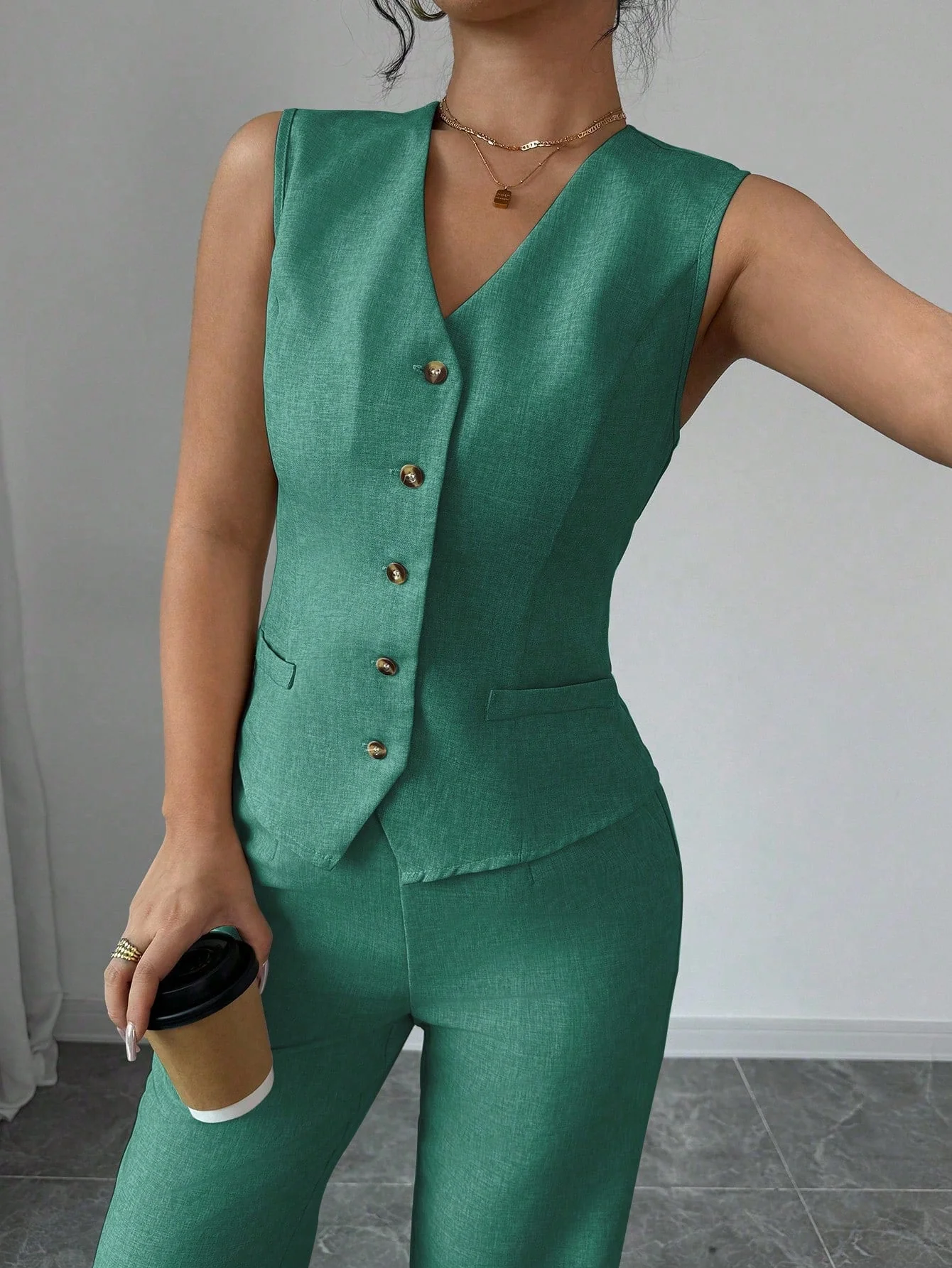 Elegant Fashionable Commuter Casual Sleeveless V-Neck Elastic Waist Back Tie Vest And Straight Leg Pants Suit Set - Image 9