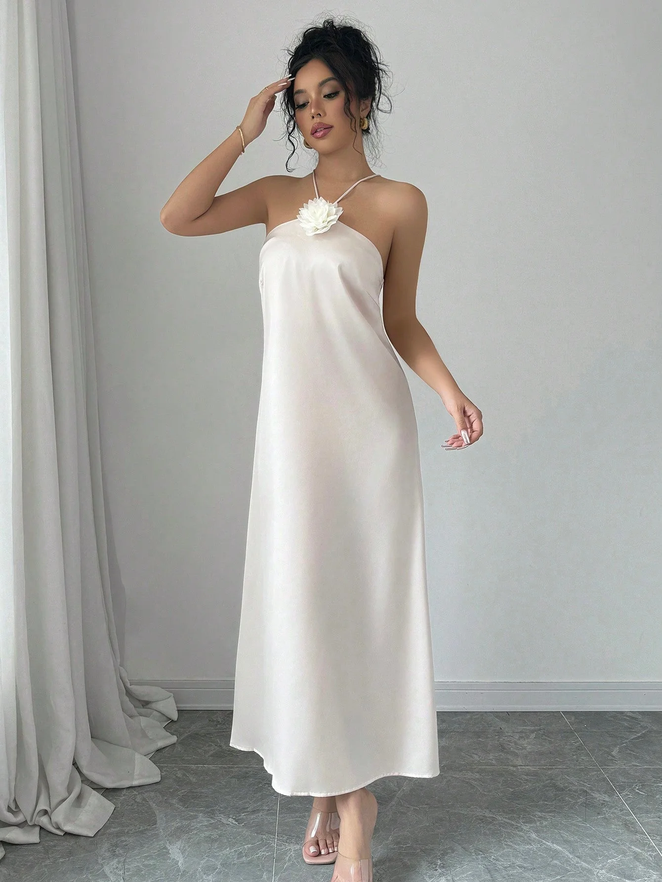 Elegant Halter Neck 3D Floral Decor Satin Waisted Dress Maxi Women Outfit - Image 10