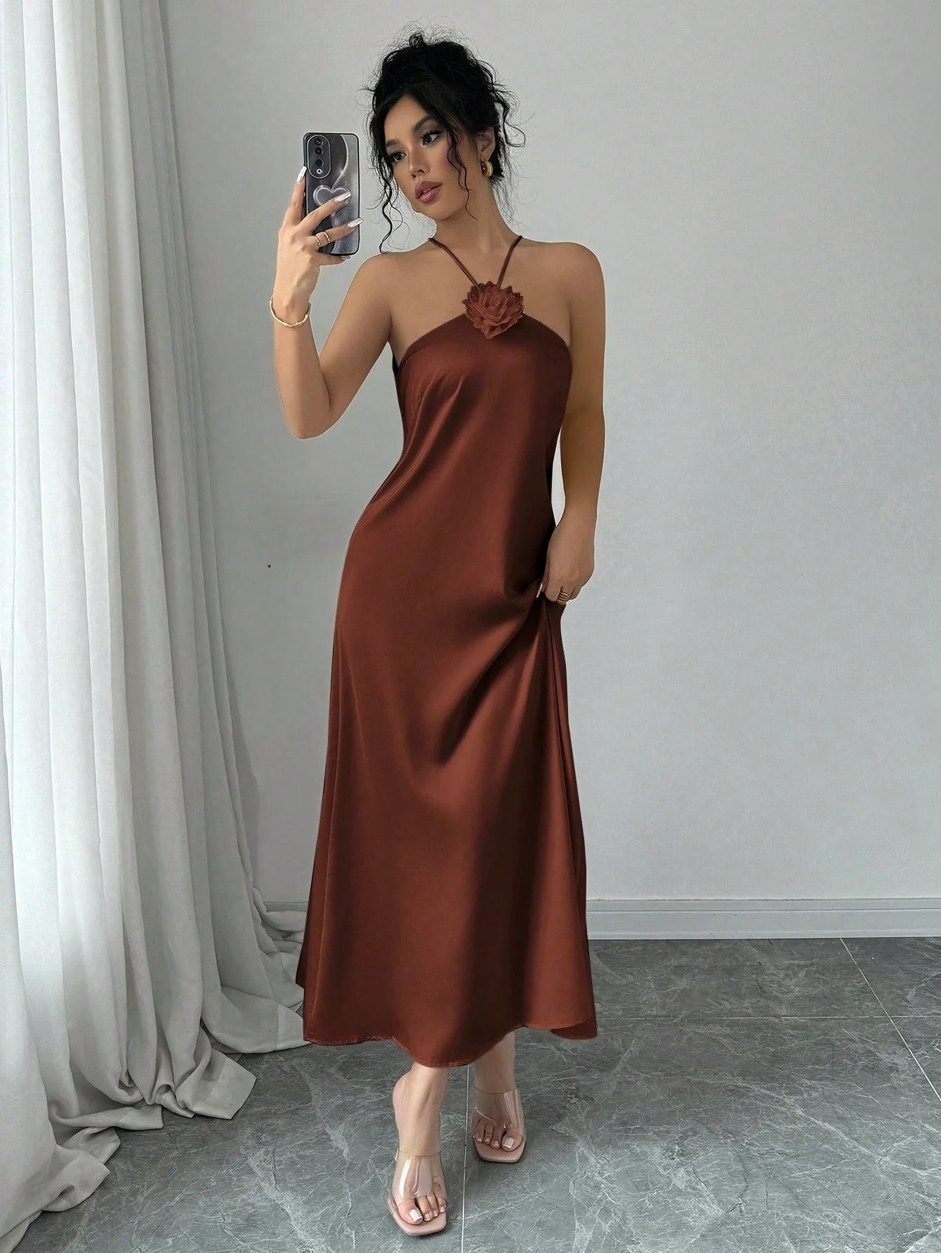 Elegant Halter Neck 3D Floral Decor Satin Waisted Dress Maxi Women Outfit - Image 15