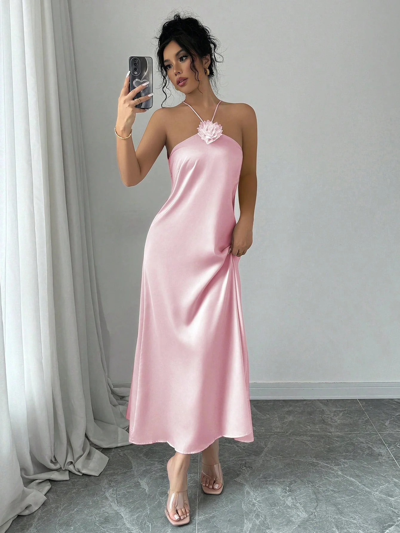 Elegant Halter Neck 3D Floral Decor Satin Waisted Dress Maxi Women Outfit - Image 17