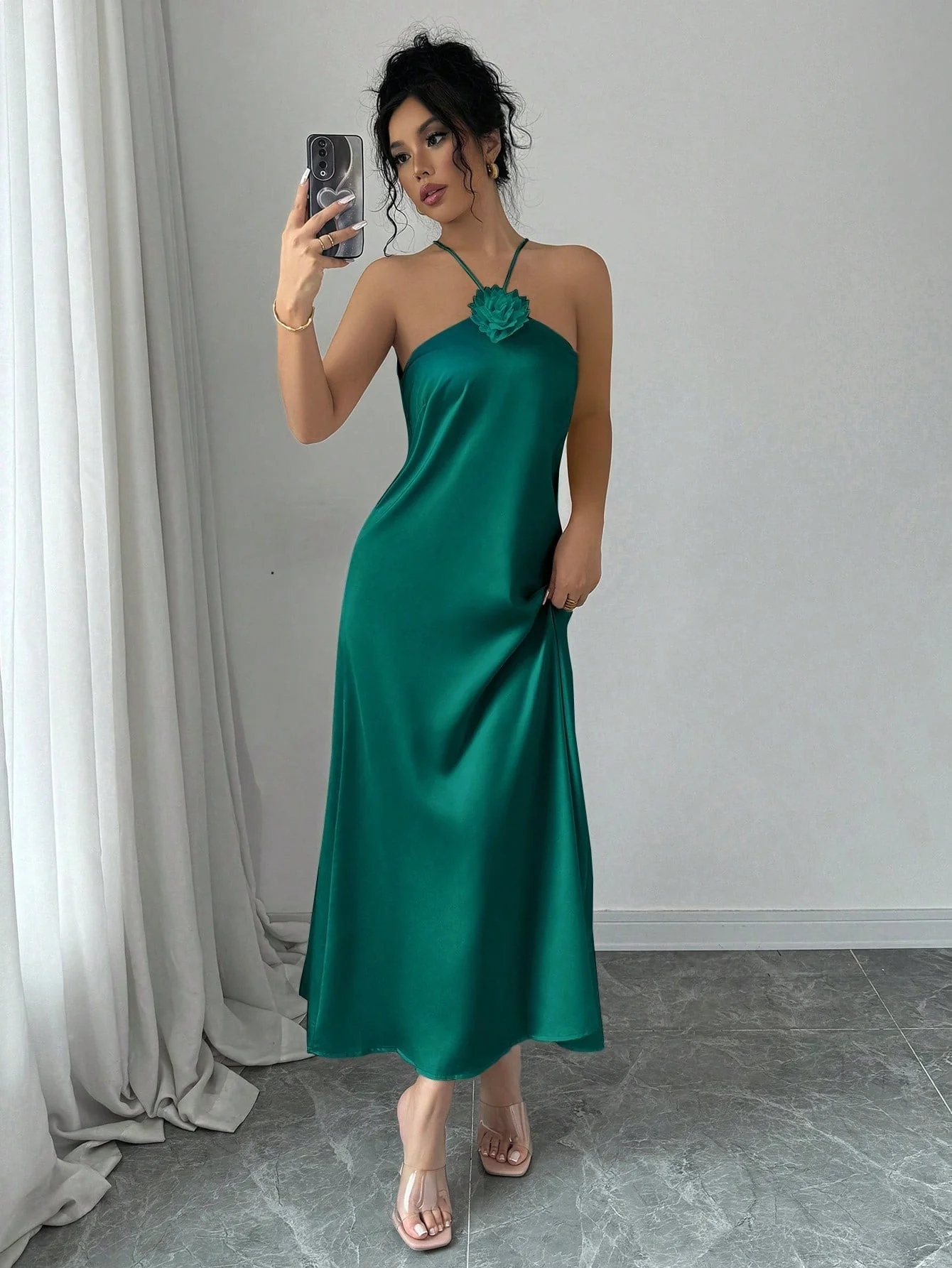Elegant Halter Neck 3D Floral Decor Satin Waisted Dress Maxi Women Outfit - Image 4