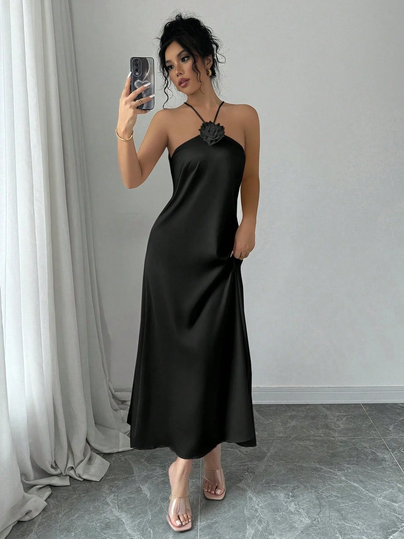 Elegant Halter Neck 3D Floral Decor Satin Waisted Dress Maxi Women Outfit FD - Image 2
