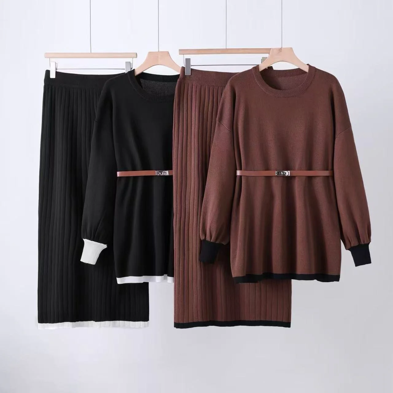 Elegant knitted skirt solid color belt lantern sleeve top skirt two-piece set - Image 2
