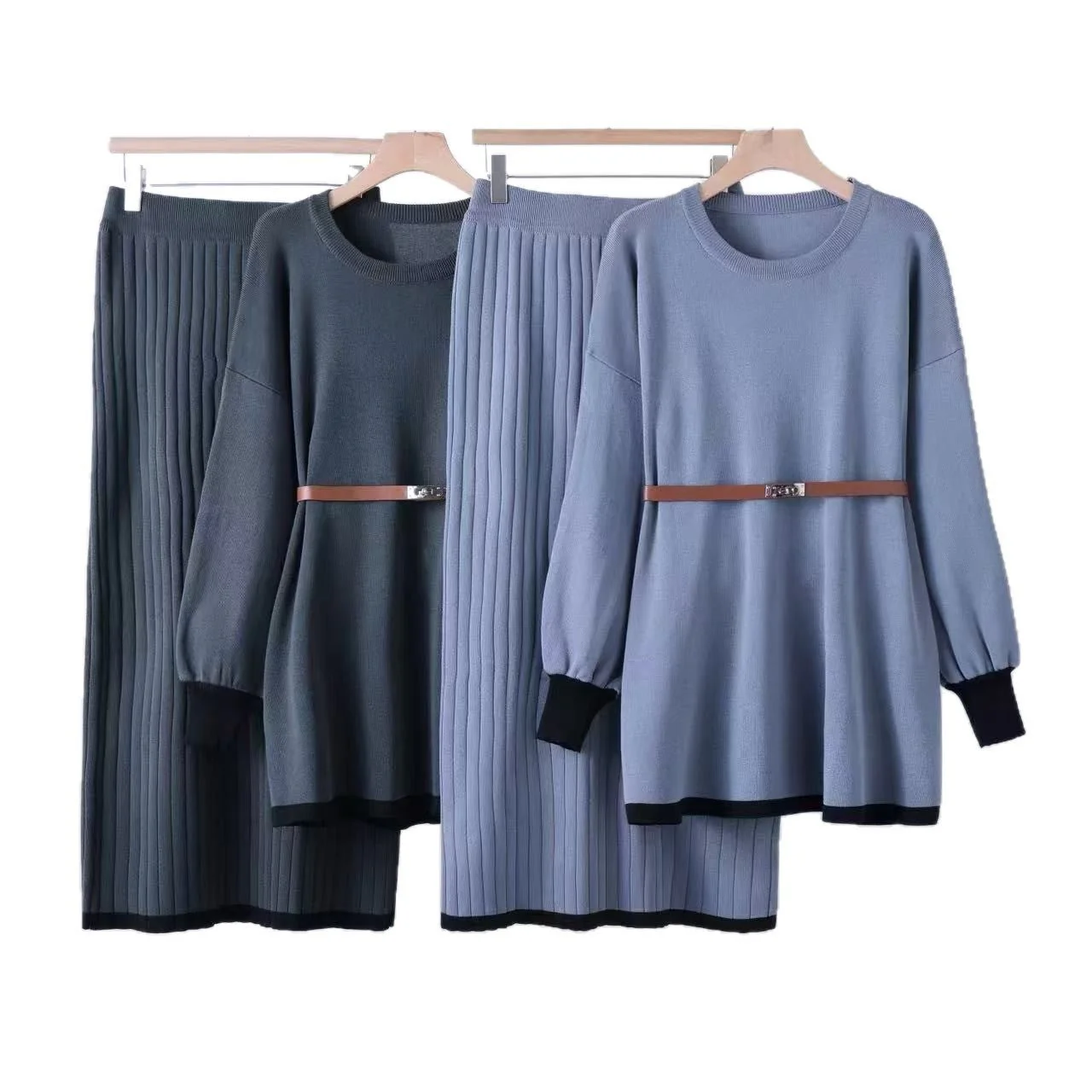 Elegant knitted skirt solid color belt lantern sleeve top skirt two-piece set - Image 3