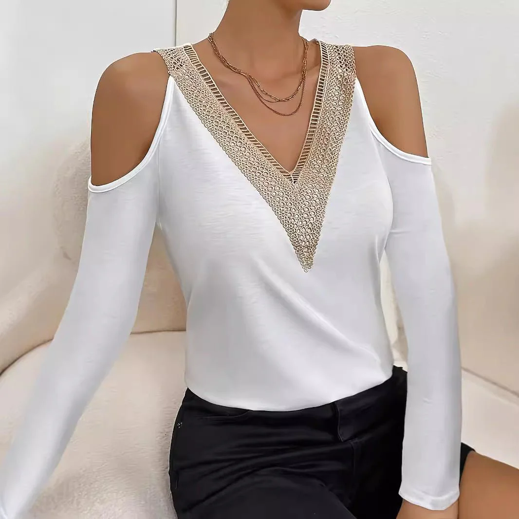 Elegant lace V-neck applique sleeves hollow long-sleeved solid color T-shirt slim top women - Image 4