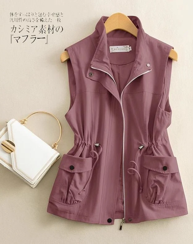 Elegant Layer | Solid Color Zipper Polo Collar Sleeveless Vest - Image 2