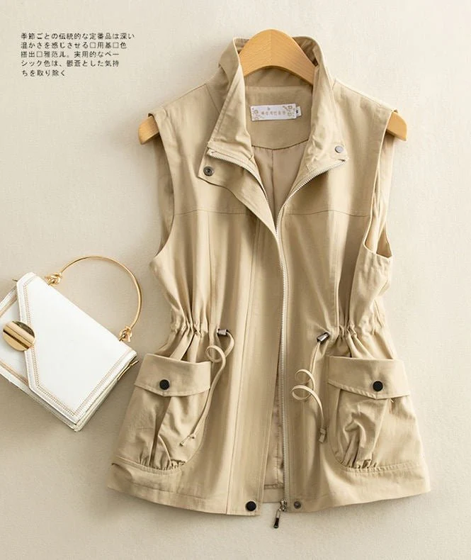 Elegant Layer | Solid Color Zipper Polo Collar Sleeveless Vest - Image 7