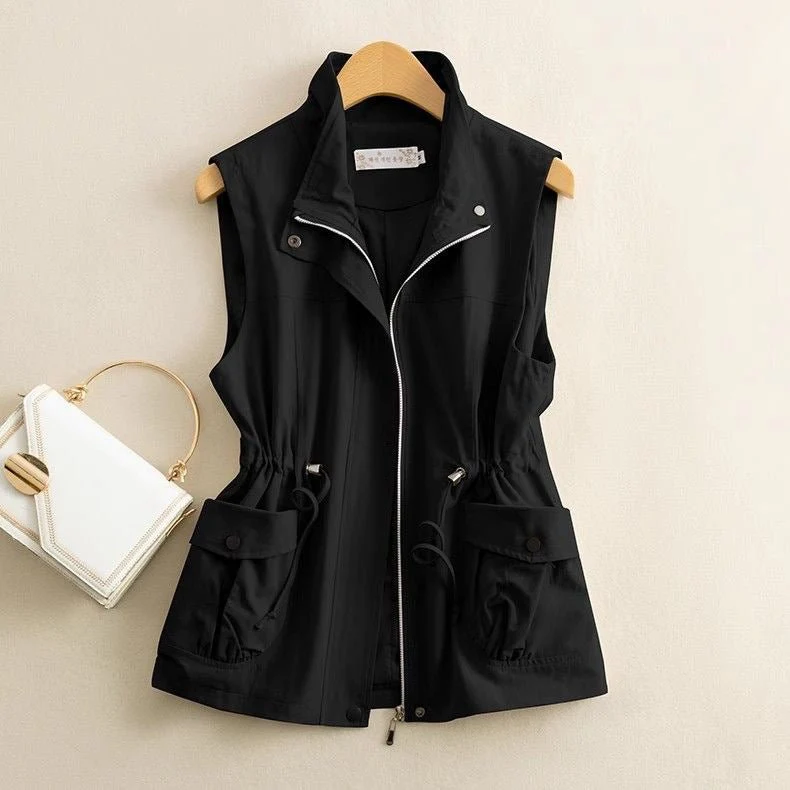 Elegant Layer | Solid Color Zipper Polo Collar Sleeveless Vest FD