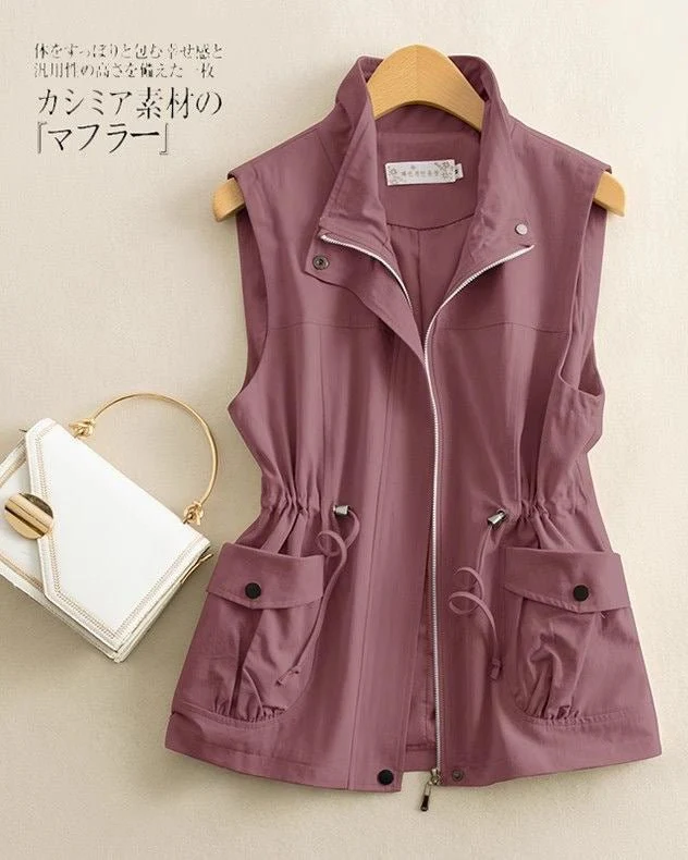 Elegant Layer | Solid Color Zipper Polo Collar Sleeveless Vest FD - Image 6