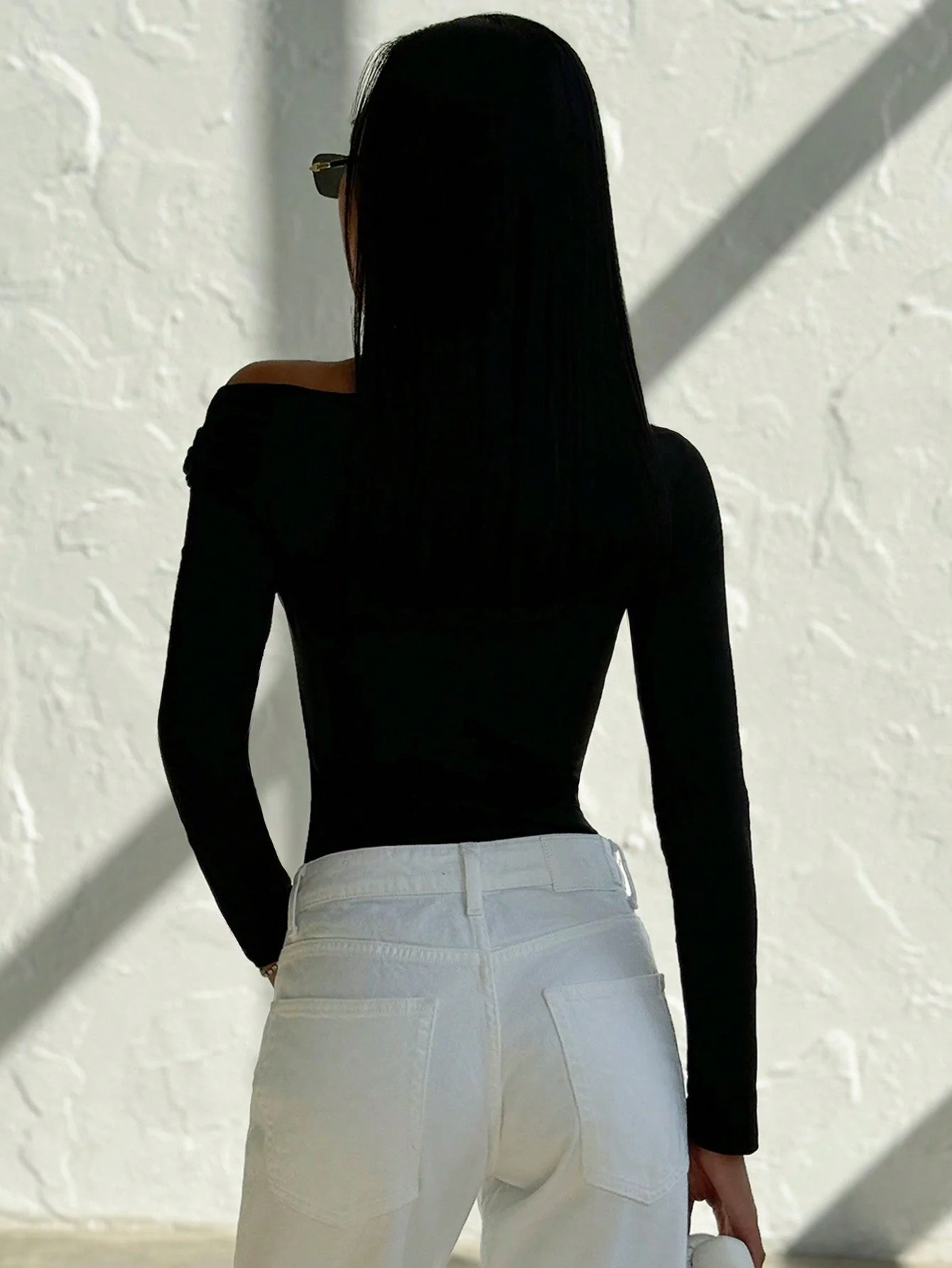 Elegant Modern Design Off Shoulder Twist Metallic Decor Long Sleeve Tight Fitted Black T-Shirt - Image 5