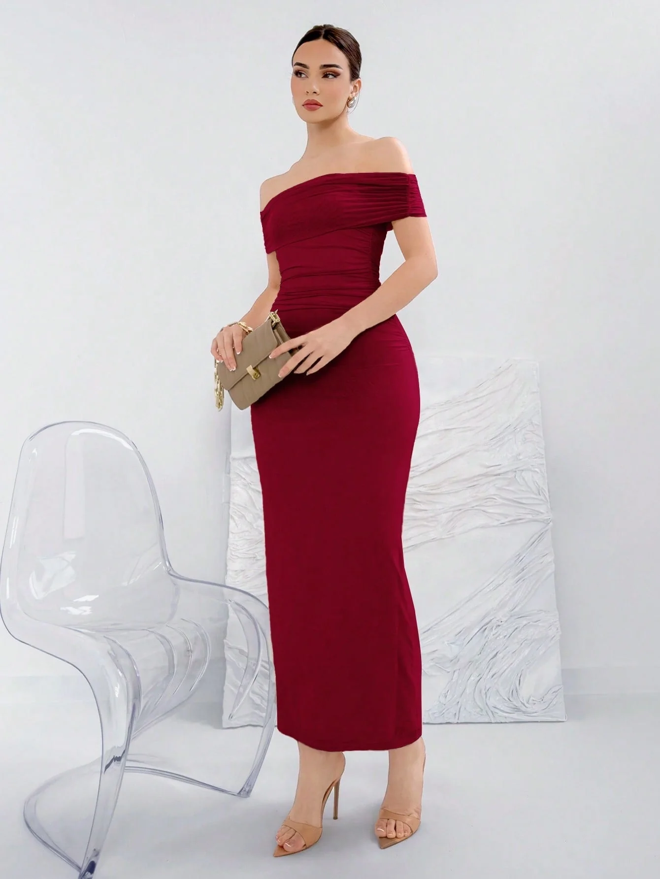 Elegant Ruched Off-Shoulder Bodycon Dress For Summer - Image 7