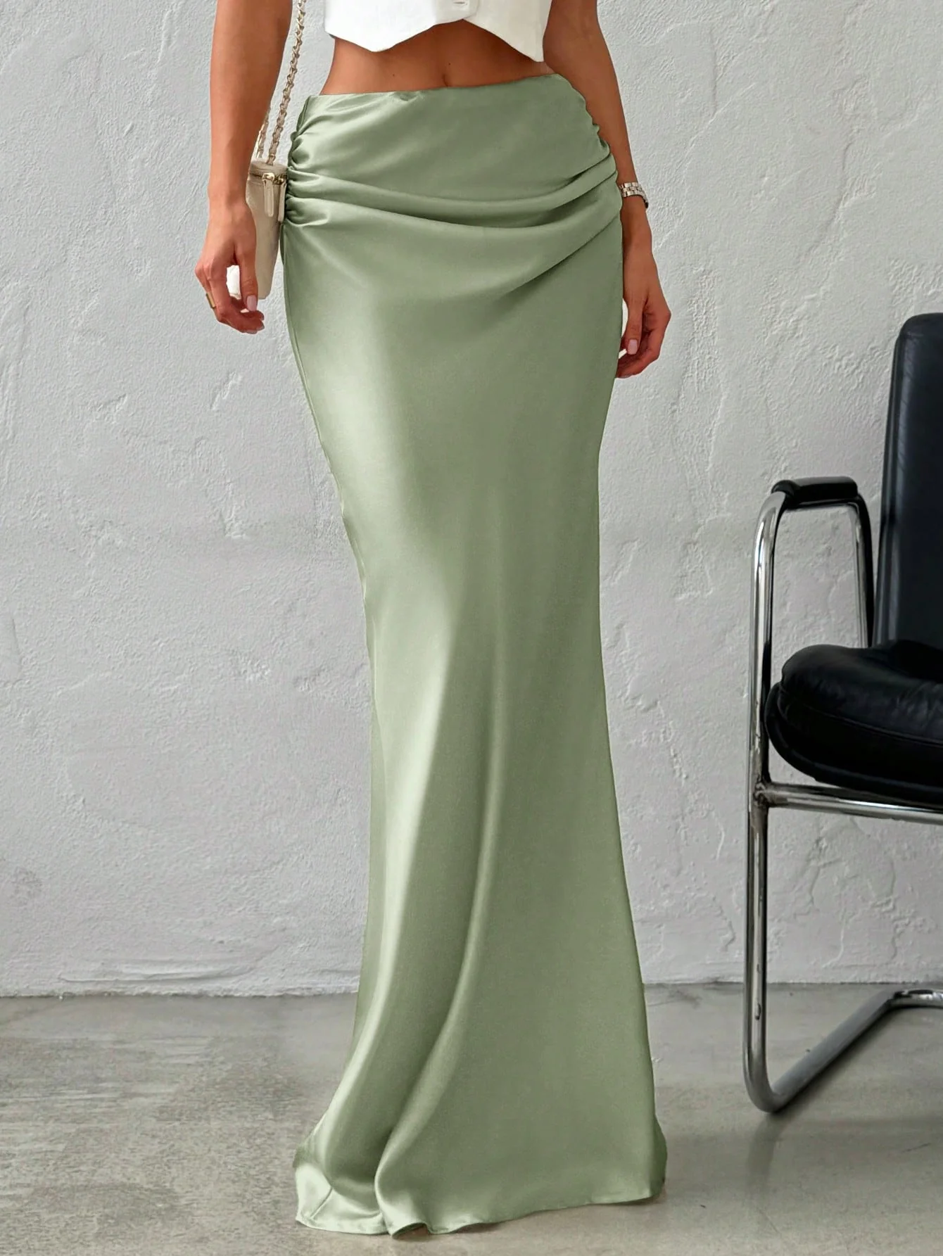 Elegant Simple Romantic Date/Work Versatile Solid Color Satin Maxi Skirt, Low Waist - Image 3