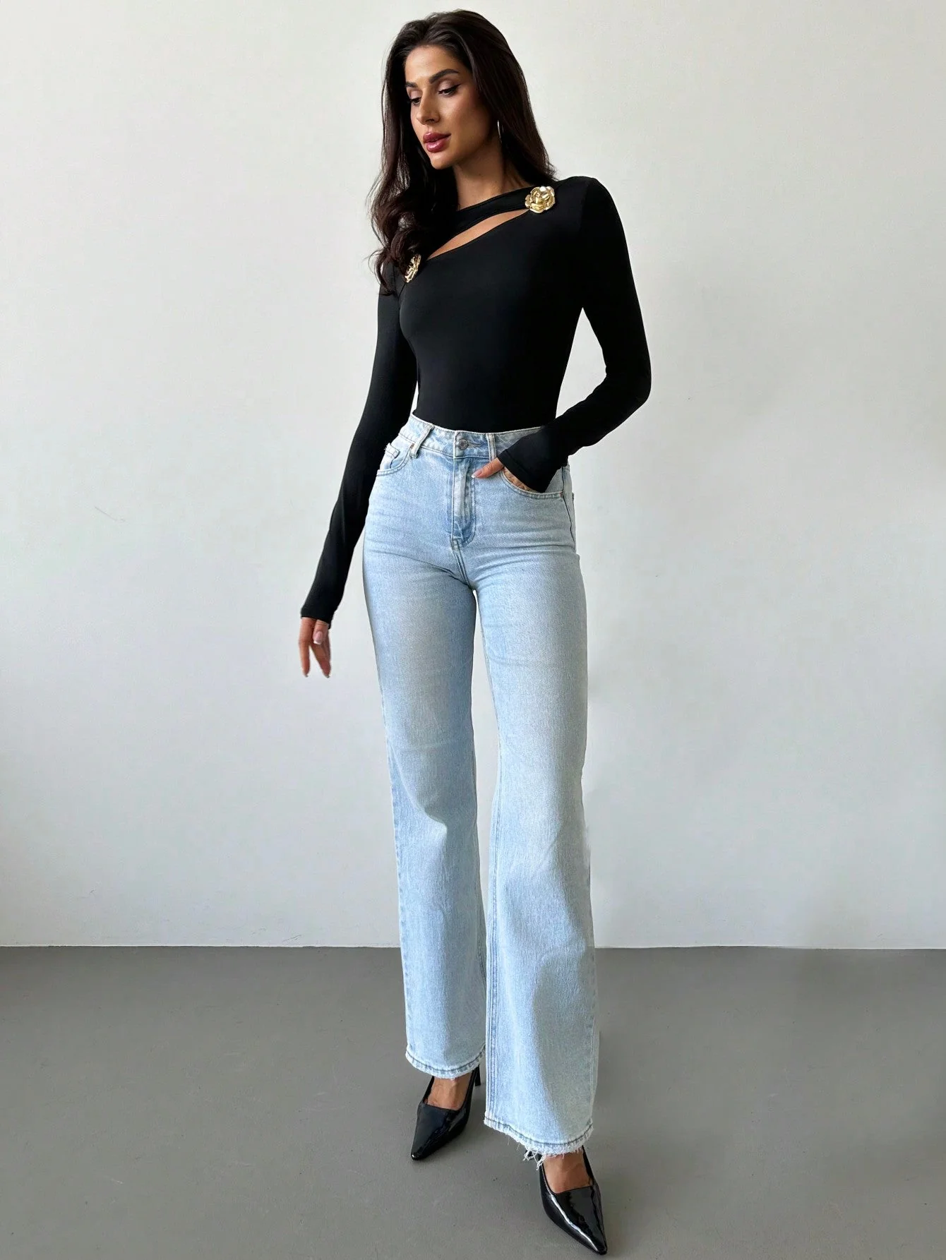 Elegant Sophisticated Fashion Hollow Rose Metal Ornament Black Tight Long Sleeve T-Shirt For Women - Image 11