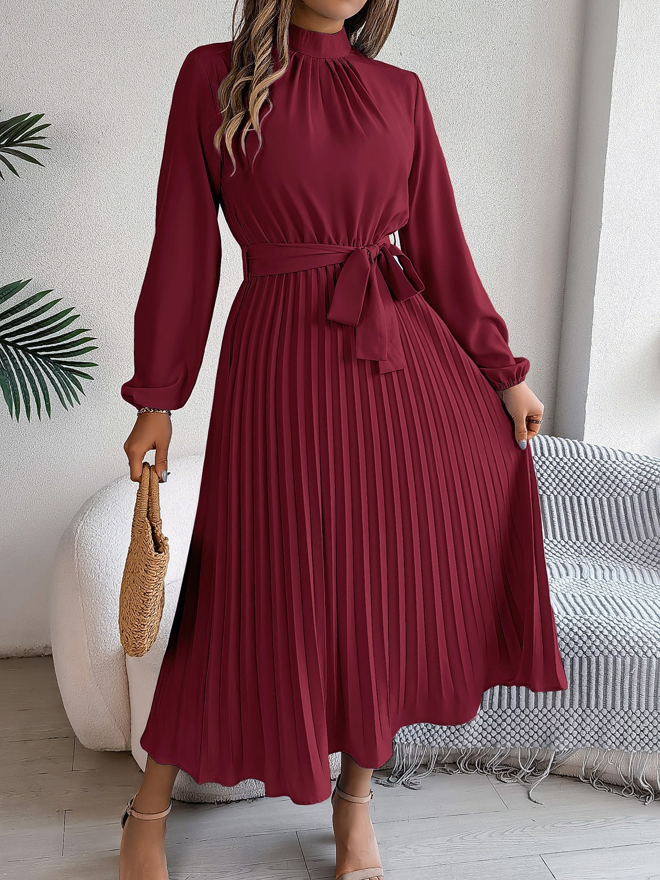 Elegant stand-up collar long sleeve waist pleated long dress FD