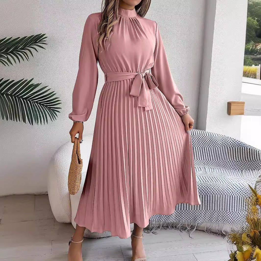 Elegant stand-up collar long sleeve waist pleated long dress FD - Image 10