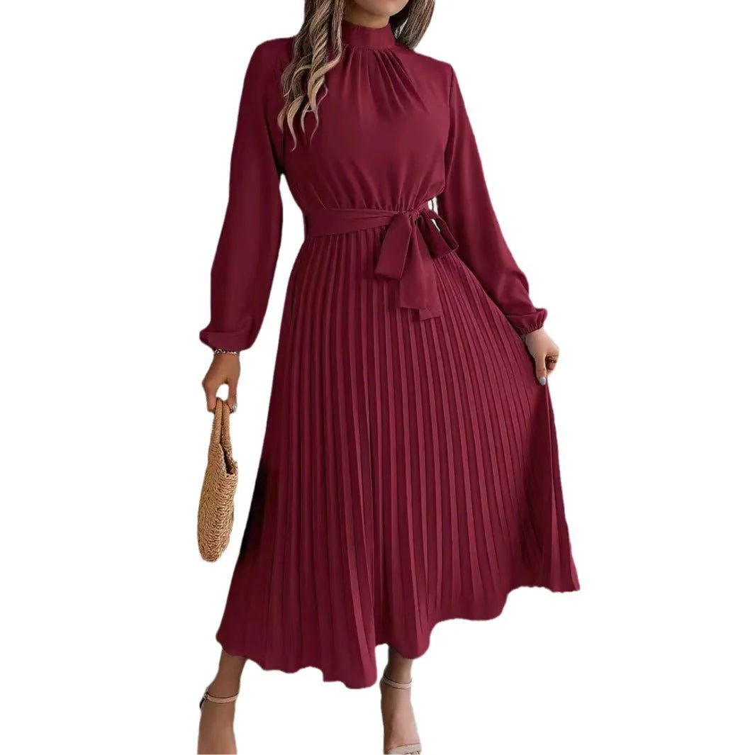 Elegant stand-up collar long sleeve waist pleated long dress FD - Image 12