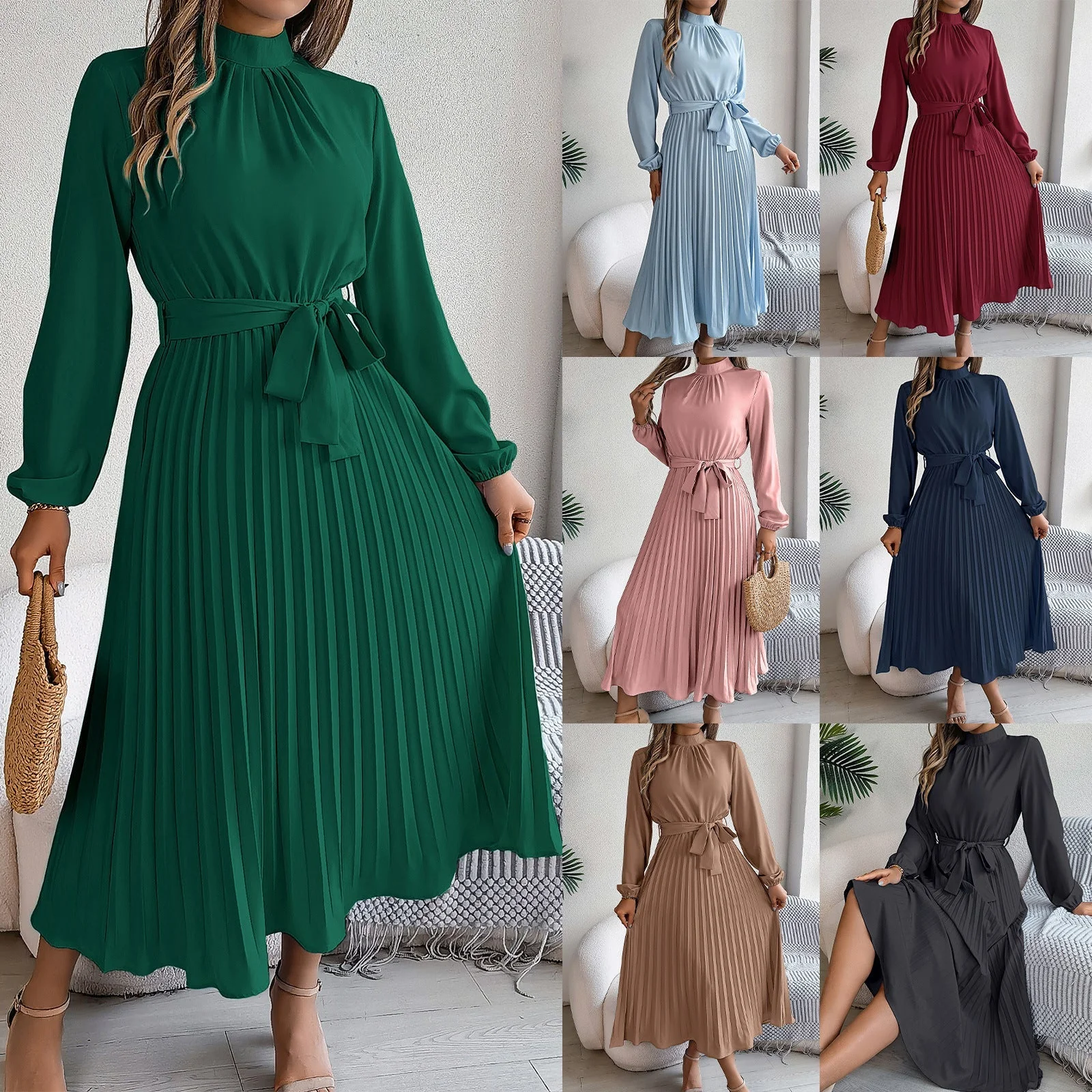 Elegant stand-up collar long sleeve waist pleated long dress FD - Image 2
