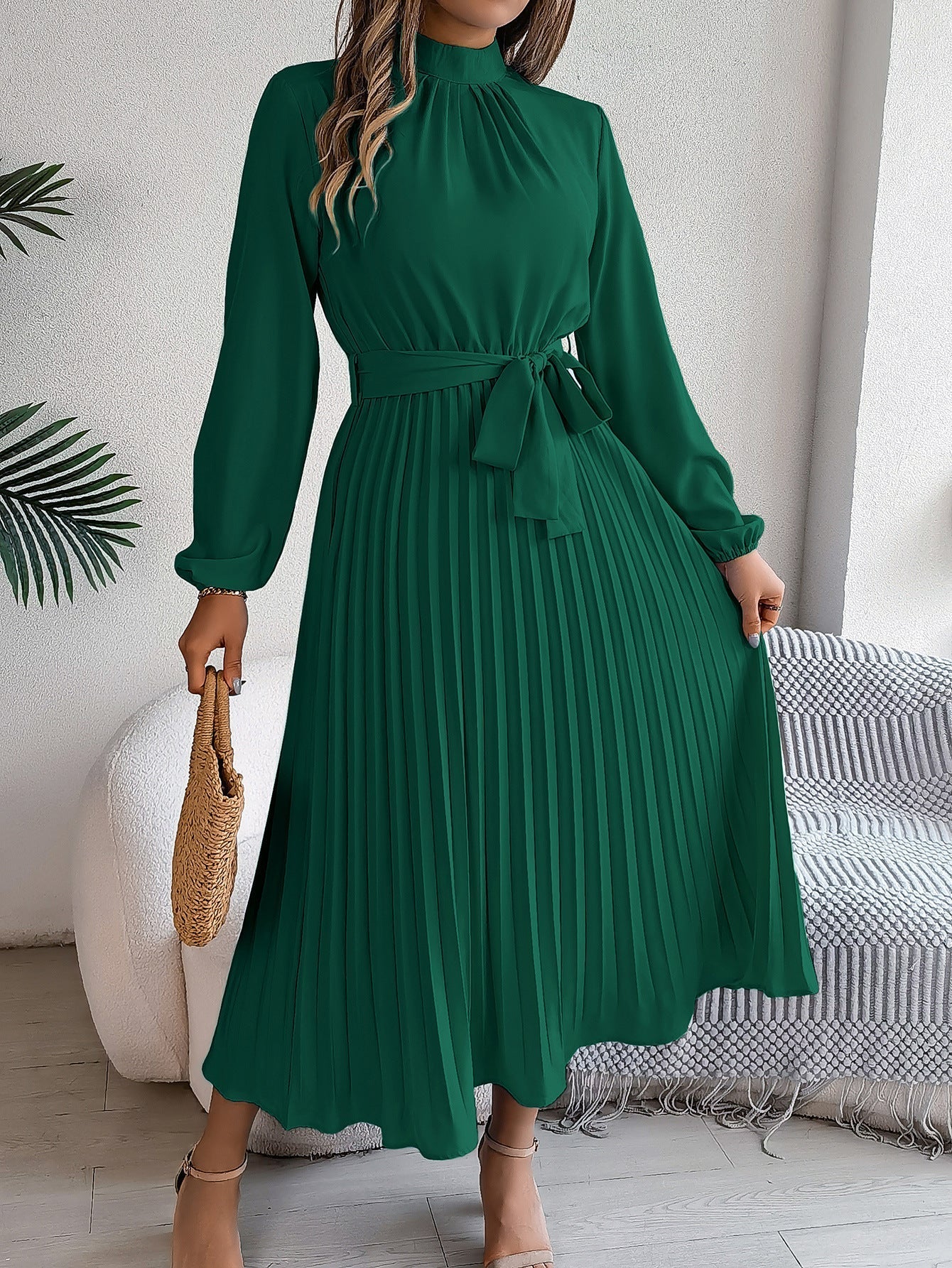 Elegant stand-up collar long sleeve waist pleated long dress FD - Image 3