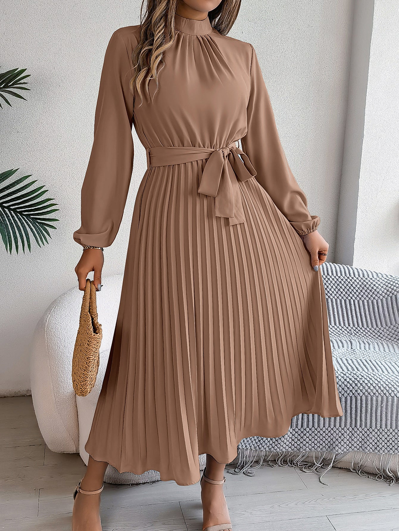 Elegant stand-up collar long sleeve waist pleated long dress FD - Image 5