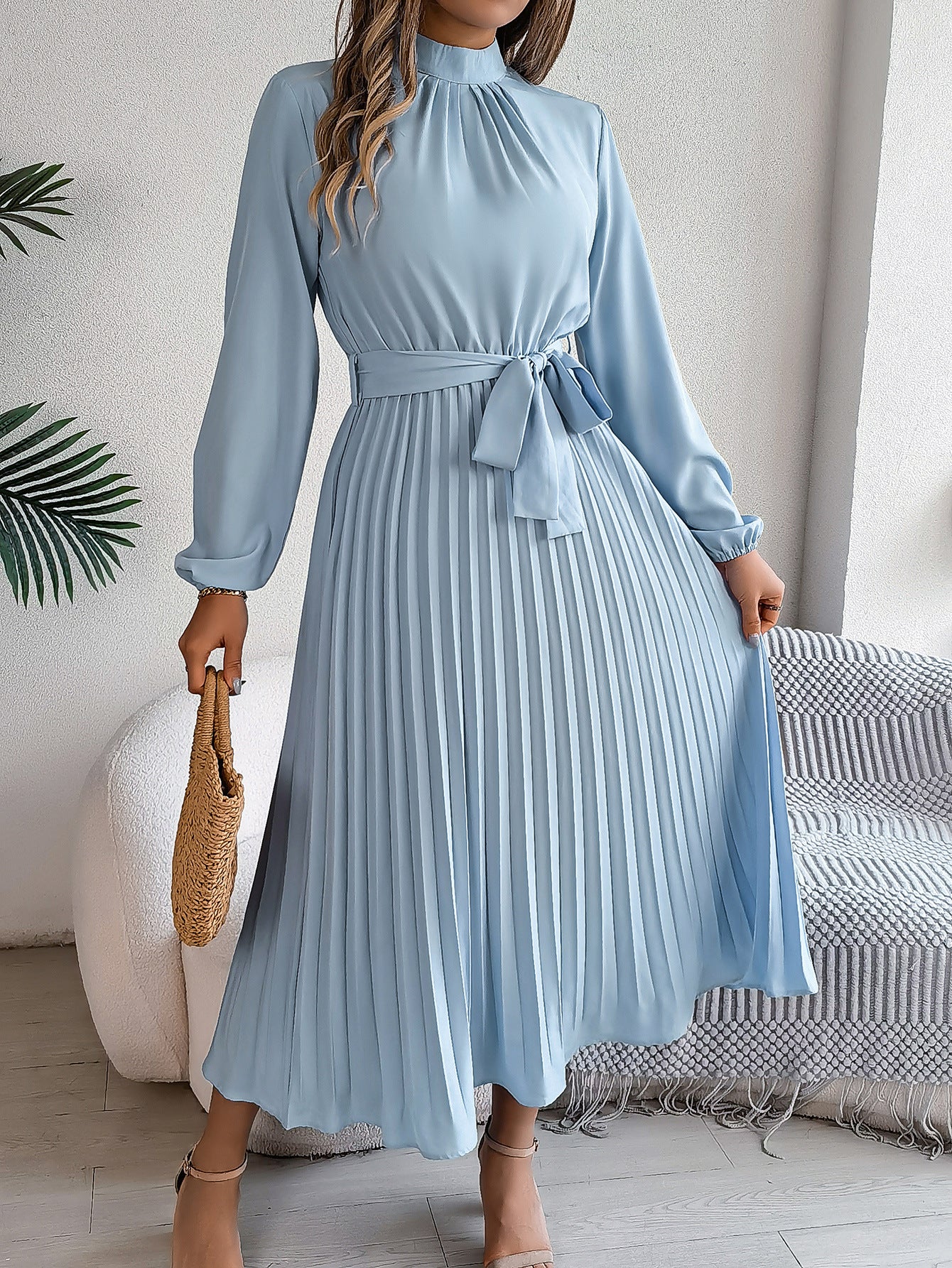 Elegant stand-up collar long sleeve waist pleated long dress FD - Image 6