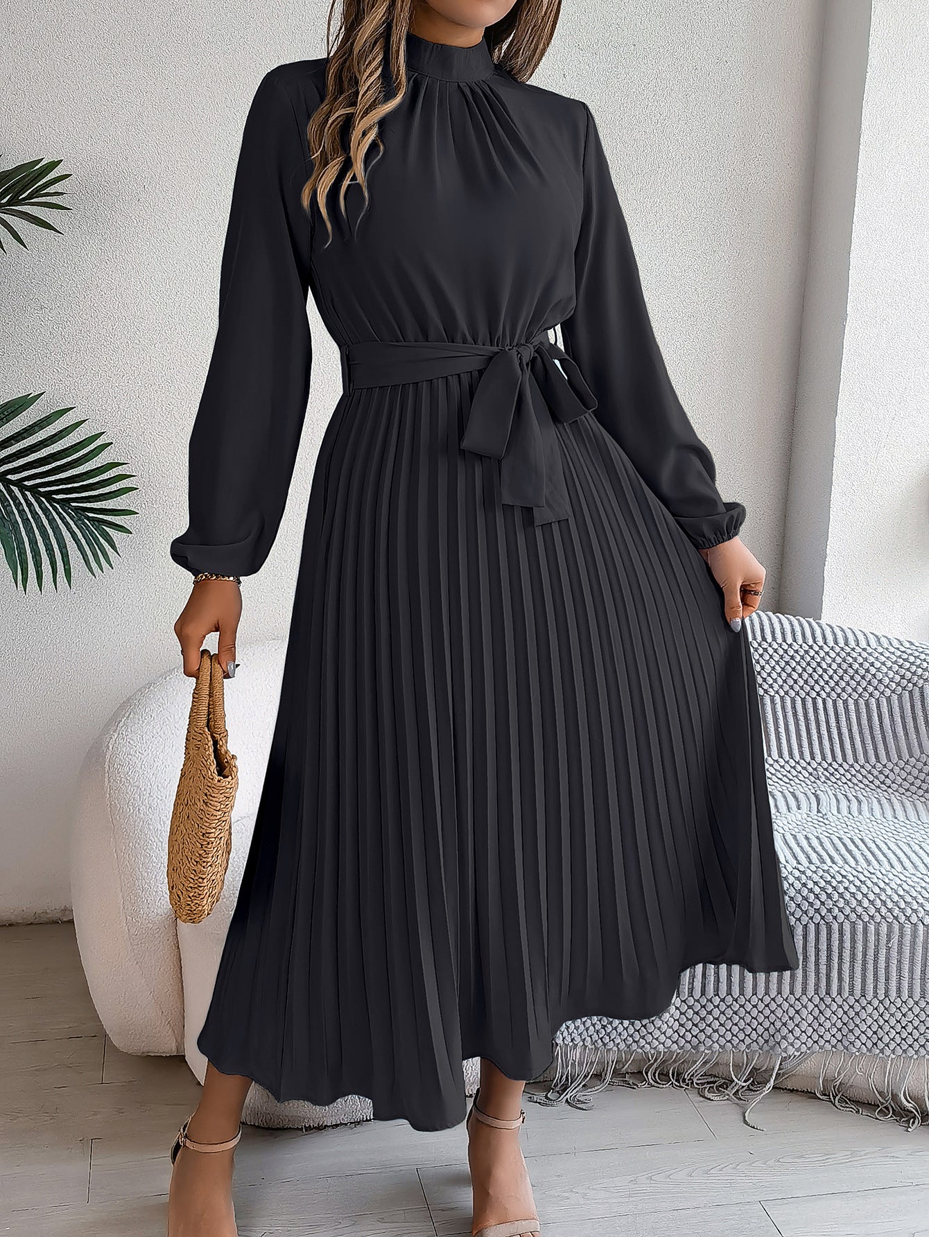 Elegant stand-up collar long sleeve waist pleated long dress FD - Image 7
