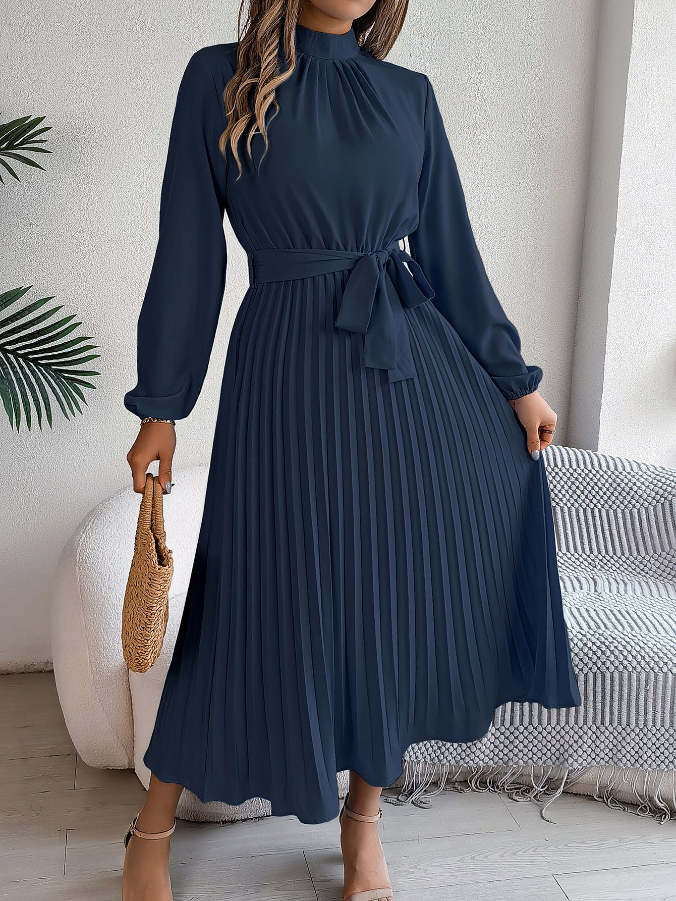 Elegant stand-up collar long sleeve waist pleated long dress FD - Image 8