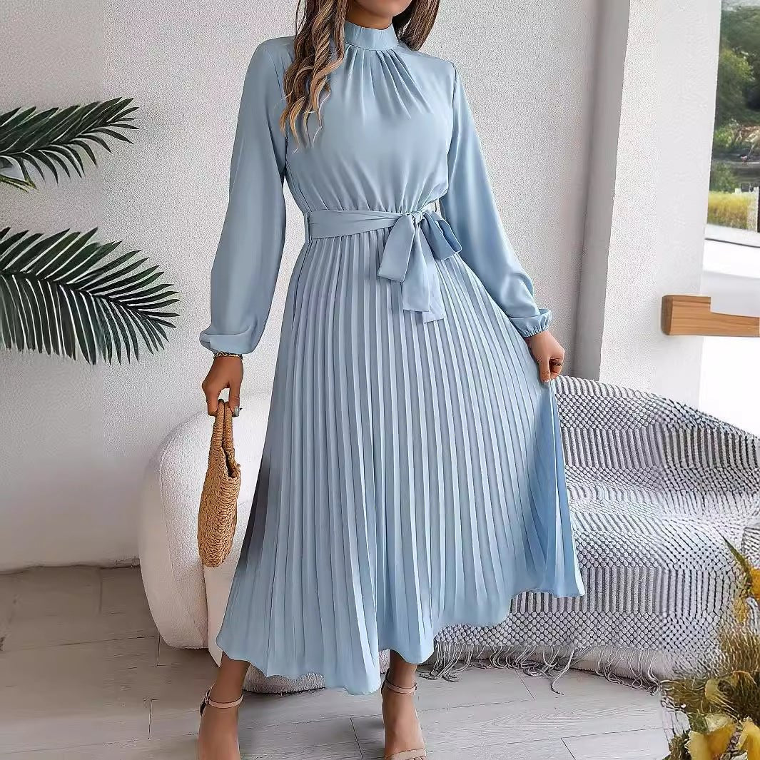 Elegant stand-up collar long sleeve waist pleated long dress FD - Image 9