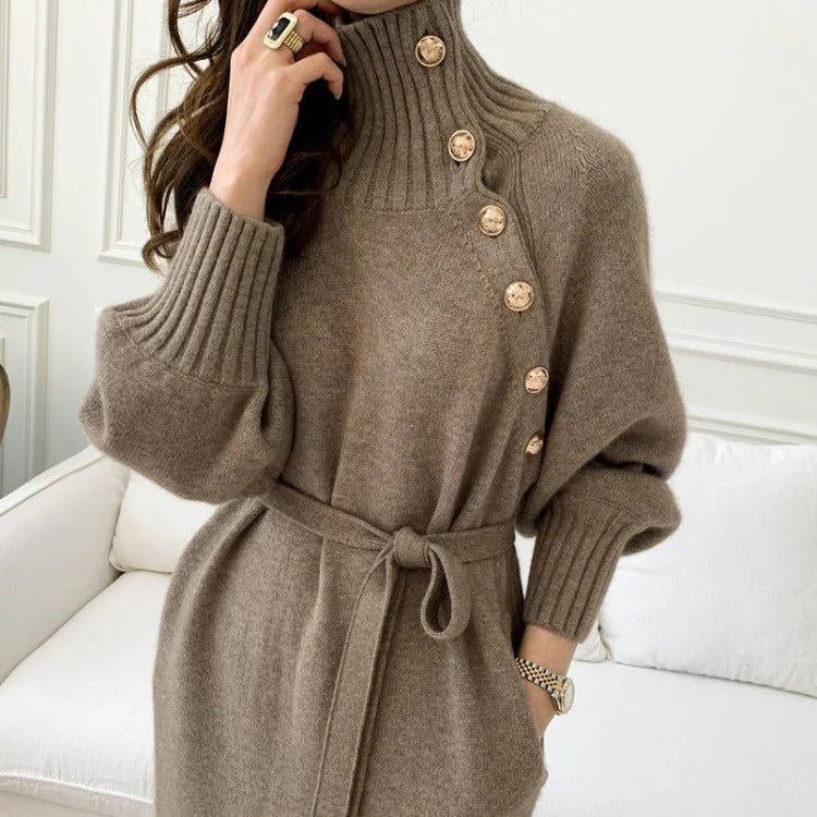 Elegant Winter Knit Dress – High Collar Pullover Sweater for Women  FD - Image 2