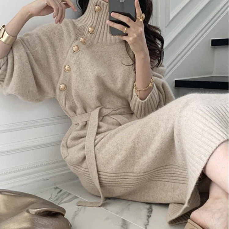 Elegant Winter Knit Dress – High Collar Pullover Sweater for Women  FD - Image 4