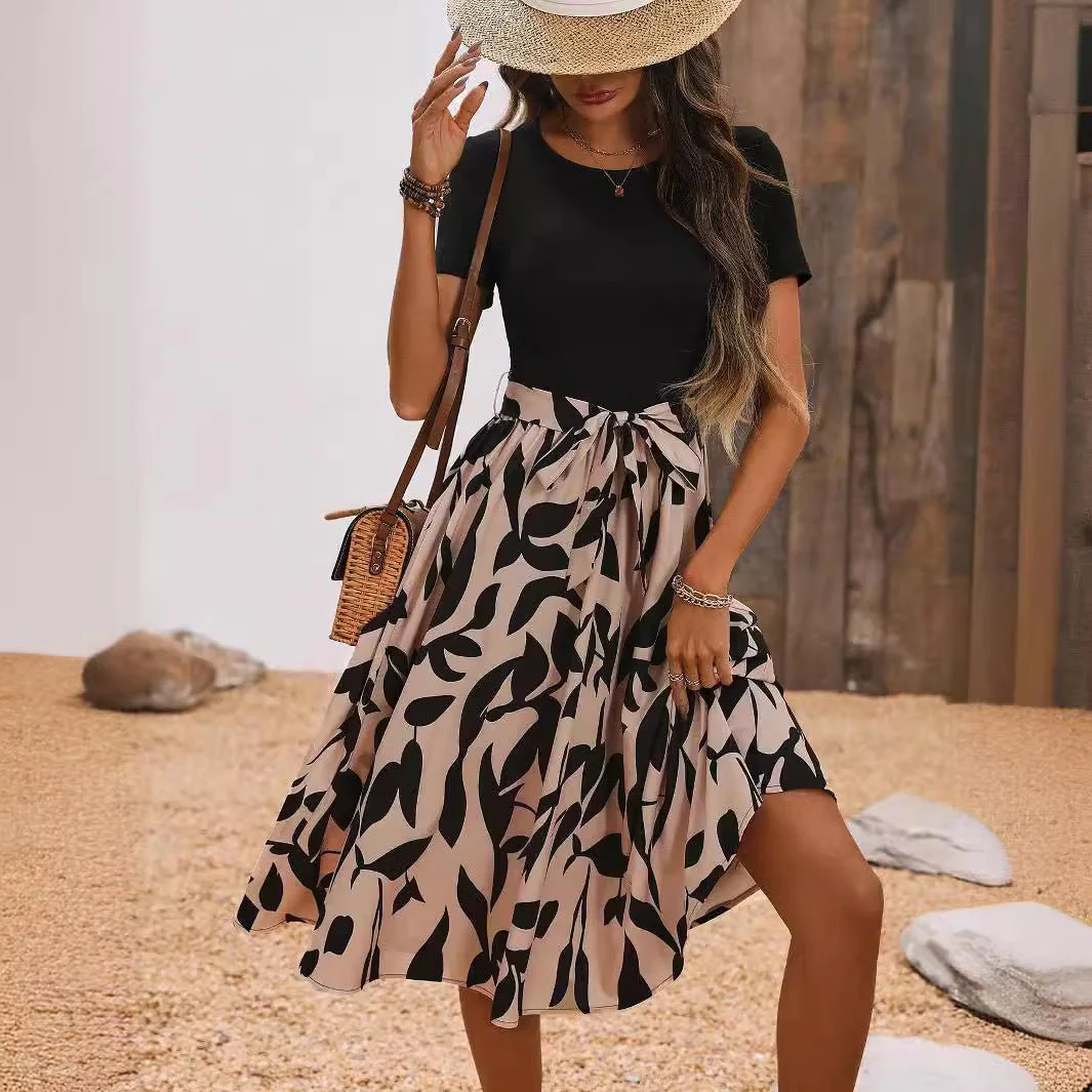 Elegant women's print splicing short-sleeved dress