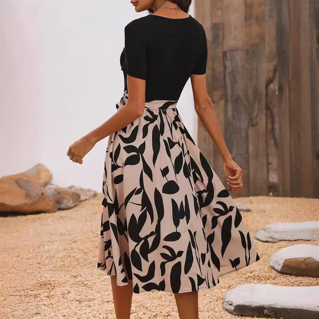 Elegant women's print splicing short-sleeved dress - Image 2