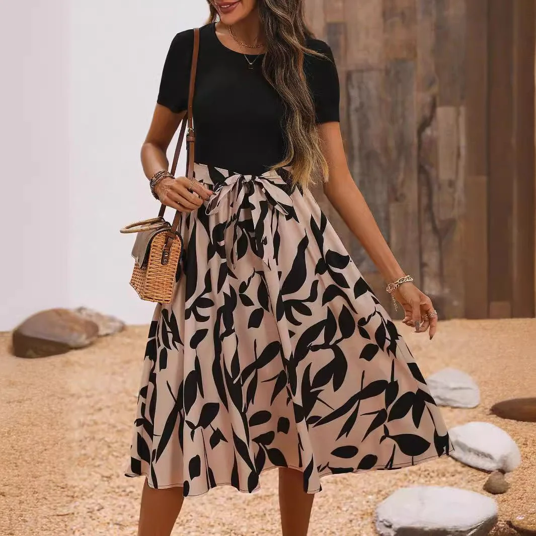 Elegant women's print splicing short-sleeved dress - Image 4