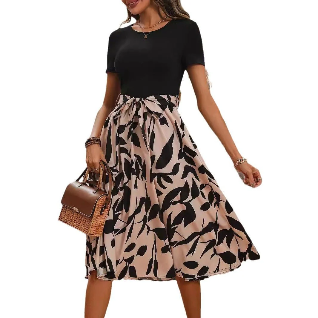 Elegant women's print splicing short-sleeved dress - Image 5